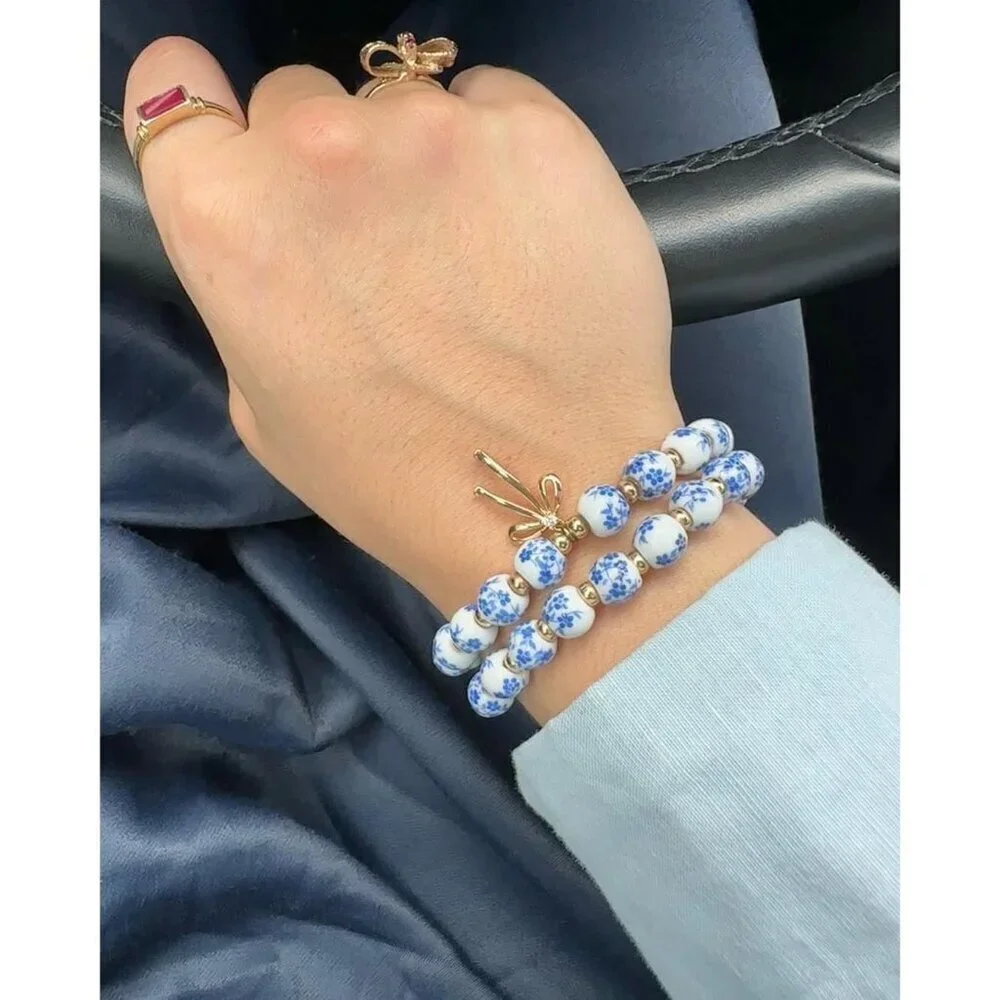 Beads Bow Charm Bracelet for Women - Handmade Flower Vintage Stretch Jewelry